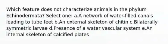 Which feature does not characterize animals in the phylum Echinodermata? Select one: a.A network of water-filled canals leading to tube feet b.An external skeleton of chitin c.Bilaterally symmetric larvae d.Presence of a water vascular system e.An internal skeleton of calcified plates