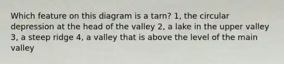 Which feature on this diagram is a tarn? 1, the circular depression at the head of the valley 2, a lake in the upper valley 3, a steep ridge 4, a valley that is above the level of the main valley