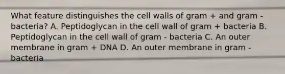 What feature distinguishes the cell walls of gram + and gram - bacteria? A. Peptidoglycan in the cell wall of gram + bacteria B. Peptidoglycan in the cell wall of gram - bacteria C. An outer membrane in gram + DNA D. An outer membrane in gram - bacteria