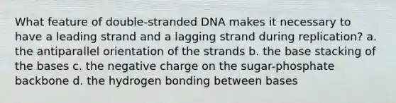 What feature of double-stranded DNA makes it necessary to have a leading strand and a lagging strand during replication? a. the antiparallel orientation of the strands b. the base stacking of the bases c. the negative charge on the sugar-phosphate backbone d. the hydrogen bonding between bases