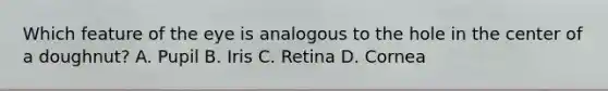 Which feature of the eye is analogous to the hole in the center of a doughnut? A. Pupil B. Iris C. Retina D. Cornea
