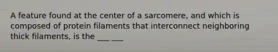 A feature found at the center of a sarcomere, and which is composed of protein filaments that interconnect neighboring thick filaments, is the ___ ___