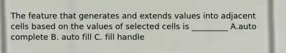 The feature that generates and extends values into adjacent cells based on the values of selected cells is _________ A.auto complete B. auto fill C. fill handle