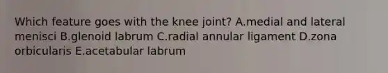 Which feature goes with the knee joint? A.medial and lateral menisci B.glenoid labrum C.radial annular ligament D.zona orbicularis E.acetabular labrum