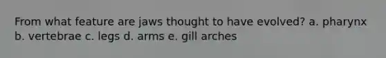 From what feature are jaws thought to have evolved? a. pharynx b. vertebrae c. legs d. arms e. gill arches