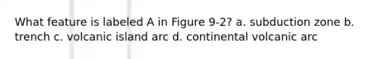 What feature is labeled A in Figure 9-2? a. subduction zone b. trench c. volcanic island arc d. continental volcanic arc