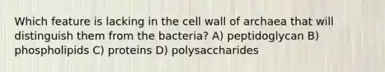 Which feature is lacking in the cell wall of archaea that will distinguish them from the bacteria? A) peptidoglycan B) phospholipids C) proteins D) polysaccharides