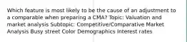 Which feature is most likely to be the cause of an adjustment to a comparable when preparing a CMA? Topic: Valuation and market analysis Subtopic: Competitive/Comparative Market Analysis Busy street Color Demographics Interest rates