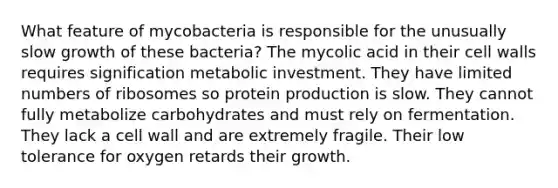 What feature of mycobacteria is responsible for the unusually slow growth of these bacteria? The mycolic acid in their cell walls requires signification metabolic investment. They have limited numbers of ribosomes so protein production is slow. They cannot fully metabolize carbohydrates and must rely on fermentation. They lack a cell wall and are extremely fragile. Their low tolerance for oxygen retards their growth.