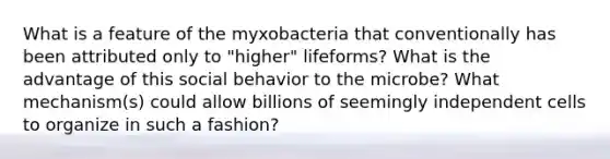 What is a feature of the myxobacteria that conventionally has been attributed only to "higher" lifeforms? What is the advantage of this social behavior to the microbe? What mechanism(s) could allow billions of seemingly independent cells to organize in such a fashion?