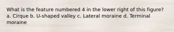 What is the feature numbered 4 in the lower right of this figure? a. Cirque b. U-shaped valley c. Lateral moraine d. Terminal moraine