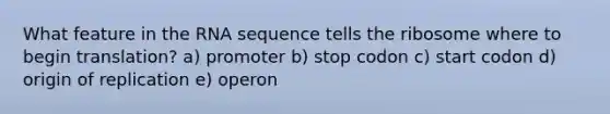 What feature in the RNA sequence tells the ribosome where to begin translation? a) promoter b) stop codon c) start codon d) origin of replication e) operon