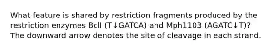 What feature is shared by restriction fragments produced by the restriction enzymes BclI (T↓GATCA) and Mph1103 (AGATC↓T)? The downward arrow denotes the site of cleavage in each strand.