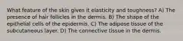 What feature of the skin gives it elasticity and toughness? A) The presence of hair follicles in the dermis. B) The shape of the epithelial cells of the epidermis. C) The adipose tissue of the subcutaneous layer. D) The connective tissue in the dermis.