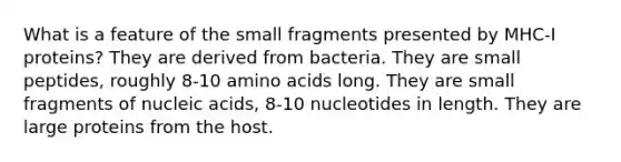 What is a feature of the small fragments presented by MHC-I proteins? They are derived from bacteria. They are small peptides, roughly 8-10 <a href='https://www.questionai.com/knowledge/k9gb720LCl-amino-acids' class='anchor-knowledge'>amino acids</a> long. They are small fragments of nucleic acids, 8-10 nucleotides in length. They are large proteins from the host.