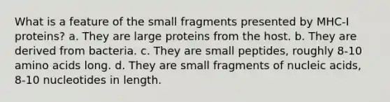 What is a feature of the small fragments presented by MHC-I proteins? a. They are large proteins from the host. b. They are derived from bacteria. c. They are small peptides, roughly 8-10 amino acids long. d. They are small fragments of nucleic acids, 8-10 nucleotides in length.