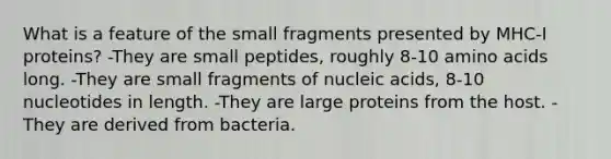 What is a feature of the small fragments presented by MHC-I proteins? -They are small peptides, roughly 8-10 amino acids long. -They are small fragments of nucleic acids, 8-10 nucleotides in length. -They are large proteins from the host. -They are derived from bacteria.