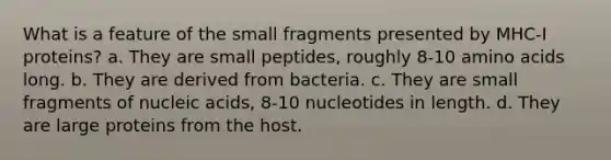 What is a feature of the small fragments presented by MHC-I proteins? a. They are small peptides, roughly 8-10 amino acids long. b. They are derived from bacteria. c. They are small fragments of nucleic acids, 8-10 nucleotides in length. d. They are large proteins from the host.