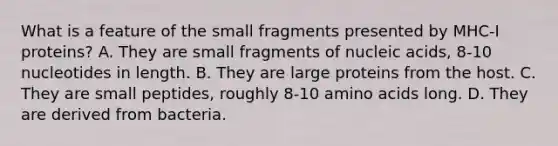 What is a feature of the small fragments presented by MHC-I proteins? A. They are small fragments of nucleic acids, 8-10 nucleotides in length. B. They are large proteins from the host. C. They are small peptides, roughly 8-10 amino acids long. D. They are derived from bacteria.