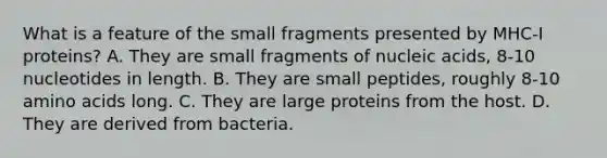 What is a feature of the small fragments presented by MHC-I proteins? A. They are small fragments of nucleic acids, 8-10 nucleotides in length. B. They are small peptides, roughly 8-10 amino acids long. C. They are large proteins from the host. D. They are derived from bacteria.