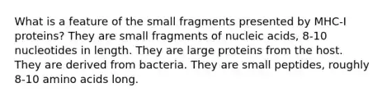 What is a feature of the small fragments presented by MHC-I proteins? They are small fragments of nucleic acids, 8-10 nucleotides in length. They are large proteins from the host. They are derived from bacteria. They are small peptides, roughly 8-10 amino acids long.