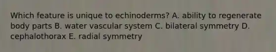 Which feature is unique to echinoderms? A. ability to regenerate body parts B. water vascular system C. bilateral symmetry D. cephalothorax E. radial symmetry