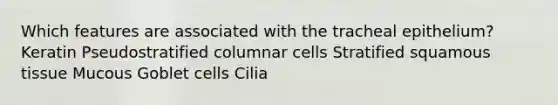 Which features are associated with the tracheal epithelium? Keratin Pseudostratified columnar cells Stratified squamous tissue Mucous Goblet cells Cilia