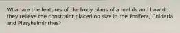 What are the features of the body plans of annelids and how do they relieve the constraint placed on size in the Porifera, Cnidaria and Platyhelminthes?