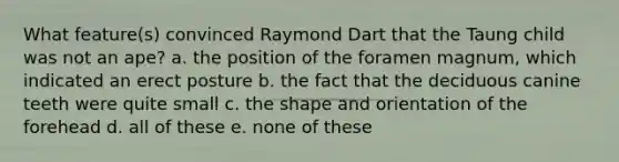 What feature(s) convinced Raymond Dart that the Taung child was not an ape? a. the position of the foramen magnum, which indicated an erect posture b. the fact that the deciduous canine teeth were quite small c. the shape and orientation of the forehead d. all of these e. none of these