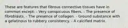 These are features that fibrous connective tissues have in common except: - Very conspicuous fibers. - The presence of fibroblasts. - The presence of collagen. - Ground substance with a gelatinous to rubbery consistency. - A calcified matrix.