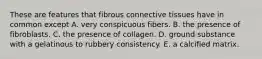 These are features that fibrous connective tissues have in common except A. very conspicuous fibers. B. the presence of fibroblasts. C. the presence of collagen. D. ground substance with a gelatinous to rubbery consistency. E. a calcified matrix.