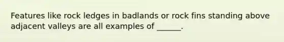 Features like rock ledges in badlands or rock fins standing above adjacent valleys are all examples of ______.