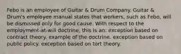 Febo is an employee of Guitar & Drum Company. Guitar & Drum's employee manual states that workers, such as Febo, will be dismissed only for good cause. With respect to the employment-at-will doctrine, this is an: exception based on contract theory. example of the doctrine. exception based on public policy. exception based on tort theory.