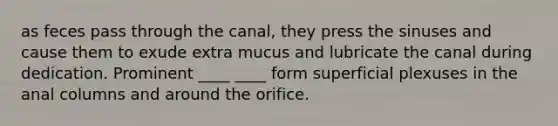 as feces pass through the canal, they press the sinuses and cause them to exude extra mucus and lubricate the canal during dedication. Prominent ____ ____ form superficial plexuses in the anal columns and around the orifice.