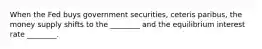 When the Fed buys government securities, ceteris paribus, the money supply shifts to the ________ and the equilibrium interest rate ________.