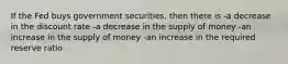 If the Fed buys government securities, then there is -a decrease in the discount rate -a decrease in the supply of money -an increase in the supply of money -an increase in the required reserve ratio