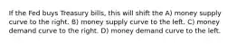 If the Fed buys Treasury bills, this will shift the A) money supply curve to the right. B) money supply curve to the left. C) money demand curve to the right. D) money demand curve to the left.