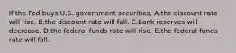 If the Fed buys U.S. government securities, A.the discount rate will rise. B.the discount rate will fall. C.bank reserves will decrease. D.the federal funds rate will rise. E.the federal funds rate will fall.