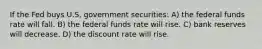 If the Fed buys U.S. government securities: A) the federal funds rate will fall. B) the federal funds rate will rise. C) bank reserves will decrease. D) the discount rate will rise.