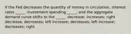 If the Fed decreases the quantity of money in circulation, interest rates _____, investment spending _____, and the aggregate demand curve shifts to the _____. decrease; increases; right decrease; decreases; left increase; decreases; left increase; decreases; right