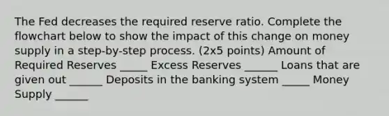 The Fed decreases the required reserve ratio. Complete the flowchart below to show the impact of this change on money supply in a step-by-step process. (2x5 points) Amount of Required Reserves _____ Excess Reserves ______ Loans that are given out ______ Deposits in the banking system _____ Money Supply ______