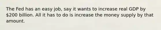 The Fed has an easy job, say it wants to increase real GDP by 200 billion. All it has to do is increase the money supply by that amount.