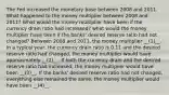 The Fed increased the monetary base between 2008 and 2011. What happened to the money multiplier between 2008 and 2011? What would the money multiplier have been if the currency drain ratio had increased? what would the money multiplier have been if the banks' desired reserve ratio had not changed? Between 2008 and 2011, the money multiplier __(1)__. In a typical year, the currency drain ratio is 0.11 and the desired reserve ratio had changed, the money multiplier would have approximately __(2)__. If both the currency drain and the desired reserve ratio had increased, the money multiplier would have been __(3)__. If the banks' desired reserve ratio had not changed, everything else remained the same, the money multiplier would have been __(4)__.