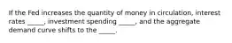 If the Fed increases the quantity of money in circulation, interest rates _____, investment spending _____, and the aggregate demand curve shifts to the _____.