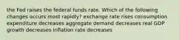 the Fed raises the federal funds rate. Which of the following changes occurs most rapidly? exchange rate rises consumption expenditure decreases aggregate demand decreases real GDP growth decreases inflation rate decreases