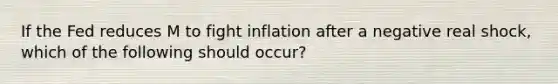 If the Fed reduces M to fight inflation after a negative real shock, which of the following should occur?