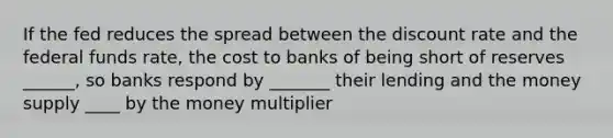 If the fed reduces the spread between the discount rate and the federal funds rate, the cost to banks of being short of reserves ______, so banks respond by _______ their lending and the money supply ____ by the money multiplier