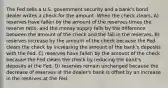 The Fed sells a U.S. government security and a bank's bond dealer writes a check for the amount. When the check clears, A) reserves have fallen by the amount of the reserves times the reserve ratio, and the money supply falls by the difference between the amount of the check and the fall in the reserves. B) reserves increase by the amount of the check because the Fed clears the check by increasing the amount of the bank's deposits with the Fed. C) reserves have fallen by the amount of the check because the Fed clears the check by reducing the bank's deposits at the Fed. D) reserves remain unchanged because the decrease of reserves at the dealer's bank is offset by an increase in the reserves at the Fed.