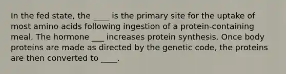 In the fed state, the ____ is the primary site for the uptake of most amino acids following ingestion of a protein-containing meal. The hormone ___ increases protein synthesis. Once body proteins are made as directed by the genetic code, the proteins are then converted to ____.