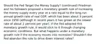 Should the Fed Target the Money Supply? (continued) Friedman and his followers proposed a monetary growth rule of increasing the money supply every year at a rate equal to the long-run annual growth rate of real GDP, which has been about 3 percent since 1950 (although in recent years it has grown at the slower rate of about 2 percent per year). If the Fed adopted this monetary growth rule, it would stick to it through changing economic conditions. But what happens under a monetary growth rule if the economy moves into recession? Shouldn't the Fed abandon the rule to drive down interest rates?